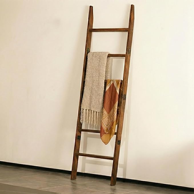 Blanket Ladder for Living Room 6-Tier, Wooden Decorative Quilt Holder for Bed Room, Wall-Leaning Towel Rack for Bathroom, Dec