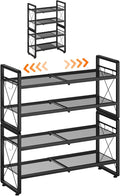 ELYKEN Shoe Rack, 4-Tier Expandable Shoe Organizer for Entryway, Metal Black Shoe Shelf with 4 Hooks, Adjustable Shoe Stand H