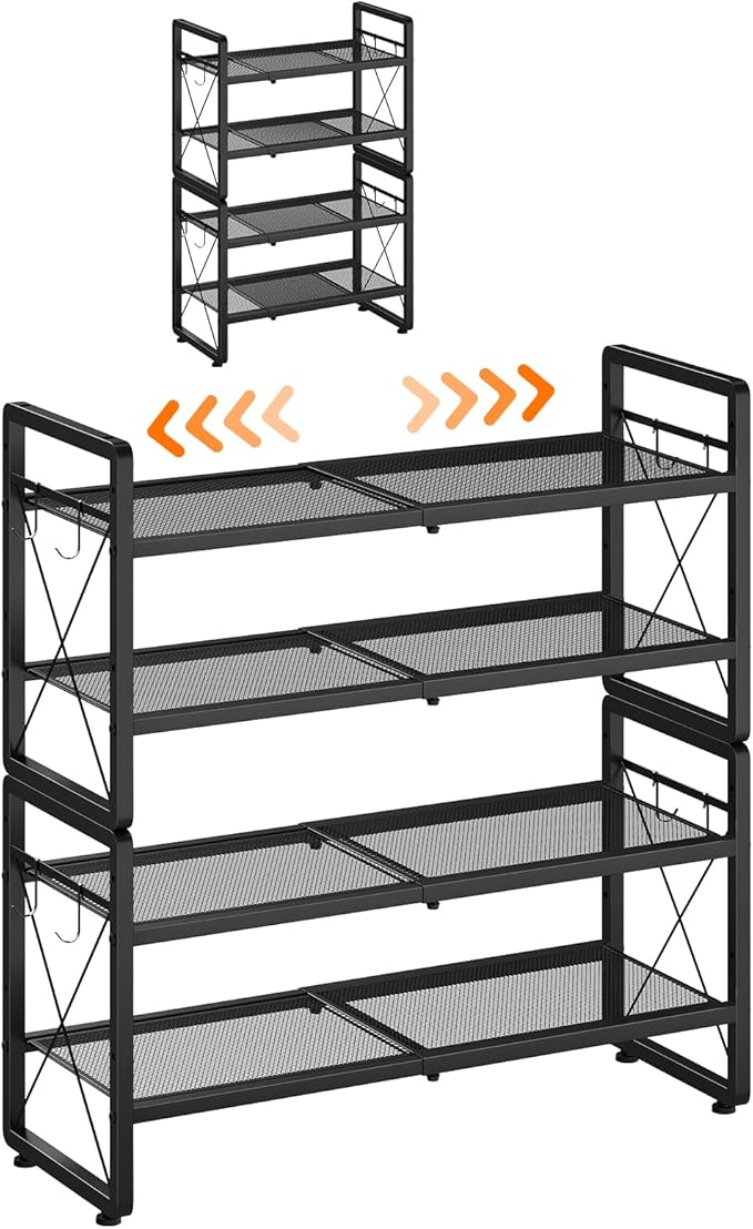 ELYKEN Shoe Rack, 4-Tier Expandable Shoe Organizer for Entryway, Metal Black Shoe Shelf with 4 Hooks, Adjustable Shoe Stand H