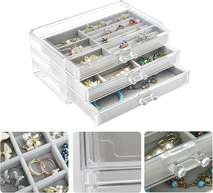 Weiai Acrylic Jewelry Box 3 Drawers, Velvet Jewellery Organizer, Earring Rings Necklaces Bracelets Display Case Gift for Wome