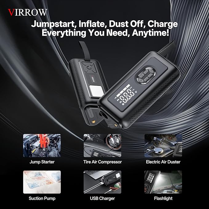 Tire Inflator Portable Air Compressor with Electric Air Duster and Car Jump Starter: 150PSI Cordless Bike Pump - 130000RPM -
