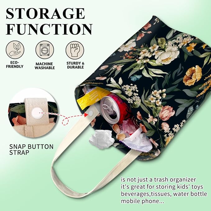 Car Trash Can, Cute Car Trash Bag, Hanging Car Organizer and Storage Bag, Trash Bin for Car Accessories, Vehicle, Travelling, Camping Watercolor Flowers
