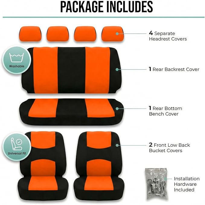 FH Group Bright Flat Cloth Full Set Automotive Seat Covers Front Set and Rear Solid Bench Orange Black Seat Covers w. Gift Un