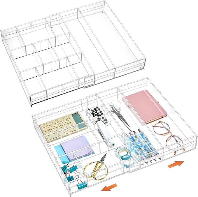 2 Pcs Acrylic Desk Drawer Organizer Maximum 11.8 x 17 x 1.9 Inch Expandable Drawer Organizer Trays with 7 Adjustable Compartm
