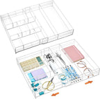 2 Pcs Acrylic Desk Drawer Organizer Maximum 11.8 x 17 x 1.9 Inch Expandable Drawer Organizer Trays with 7 Adjustable Compartm