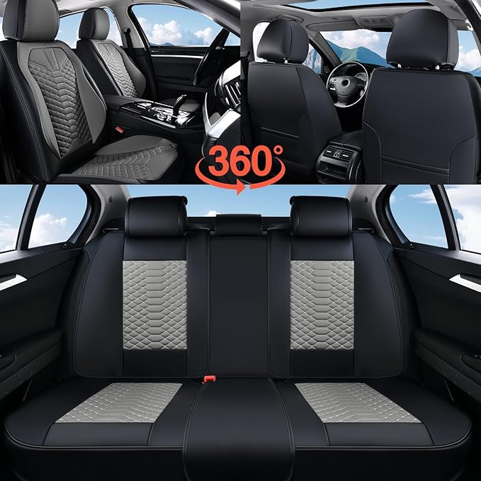 Coverado Seat Covers Full Set, Waterproof Nappa Leather Seat Covers for Cars, 5 Seats Universal Car Seat Protectors, Black an