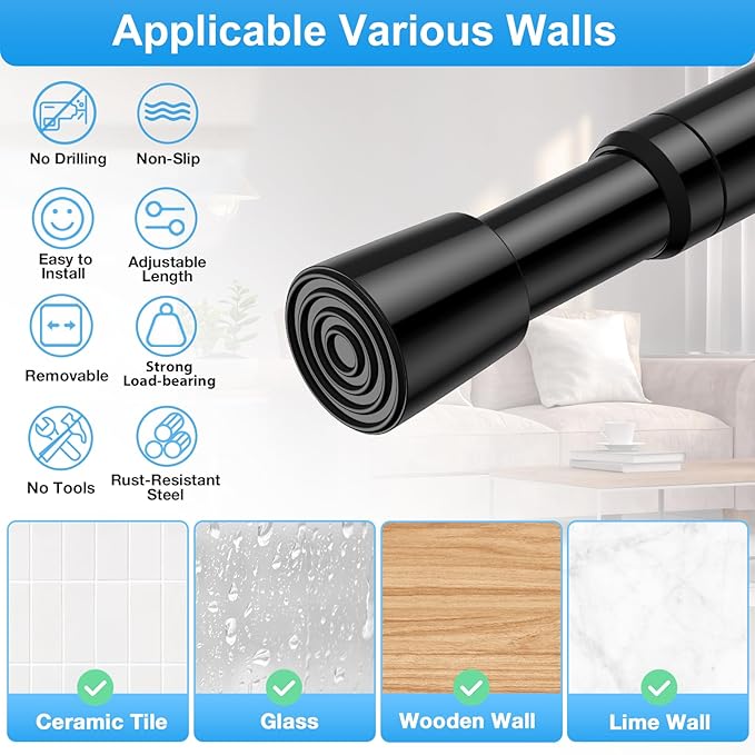 4PCS Tension Curtain Rod 33 to 59 Inch,Black Short Curtain Rods No Drilling,Loaded Expandable Spring Curtain Rods for Windows
