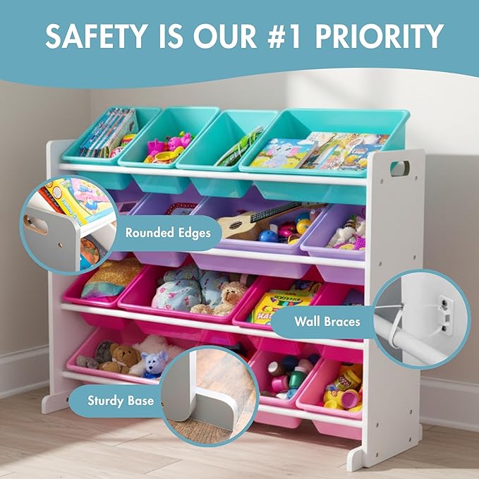 Humble Crew Supersized Toy Storage Organizer with 16 Removable Bins, White/Blue/Pink/Purple – Large Toy Storage for Toddlers 