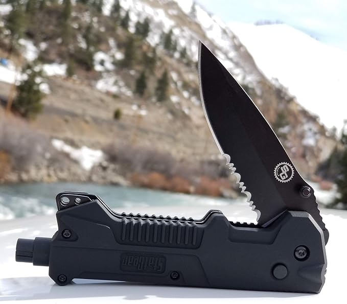 StatGear T3 Tactical Auto Rescue Tool - Folding Rescue Knife, Glass Window Breaker, Seatbelt Cutter, Molded Grips, LED Light,
