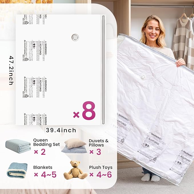 TAILI 8 Pack Vacuum Storage Bags for Comforter and Blankets, XXL Jumbo Vacuum Seal Bags for Bedding (47x39 Inch), Huge Space 