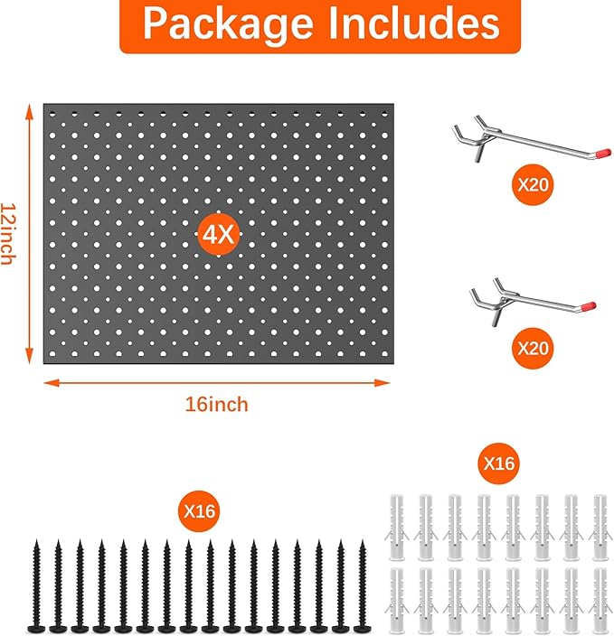 TORACK Metal Pegboard Panels and Hooks for Garage, Workbench, Shop, Shed Tool Organizer Peg Board with 1/8" & 1/4" Holes, Mod