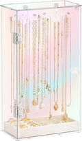 Cirhy Iridescent Acrylic Necklace Holder, Necklace Organizer with 24 Rotatable Hooks, Rainbow Jewelry Organizer Display Box w