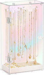 Cirhy Iridescent Acrylic Necklace Holder, Necklace Organizer with 24 Rotatable Hooks, Rainbow Jewelry Organizer Display Box w