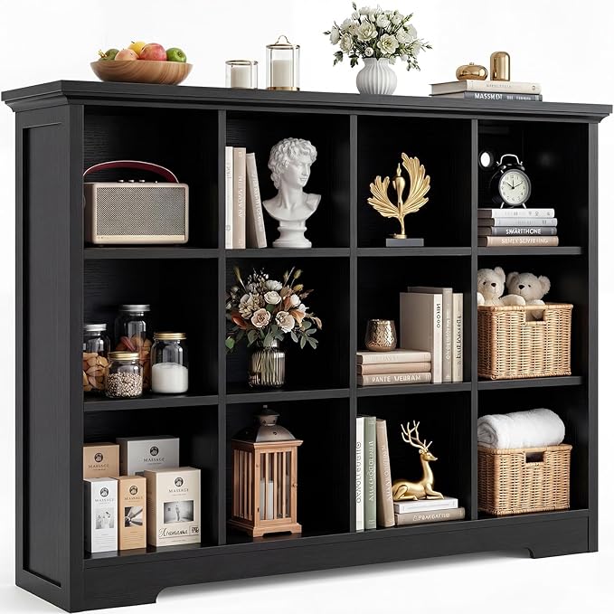 Aheaplus Wooden 12-Cube Storage Organizer with Charging Ports, Modern Cube Bookcase with Base, 4-Tier Floor Standing Open Cub