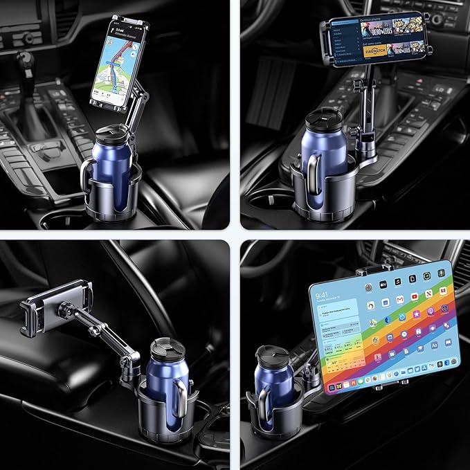 Cup Holder Phone Tablet Mount, 2 in 1 Car Cup Holder with Expander Adjustable Long Arm for Car,360°Rotation Phone Tablet Mount Compatible for iPad, All Smartphones and Most Bottles