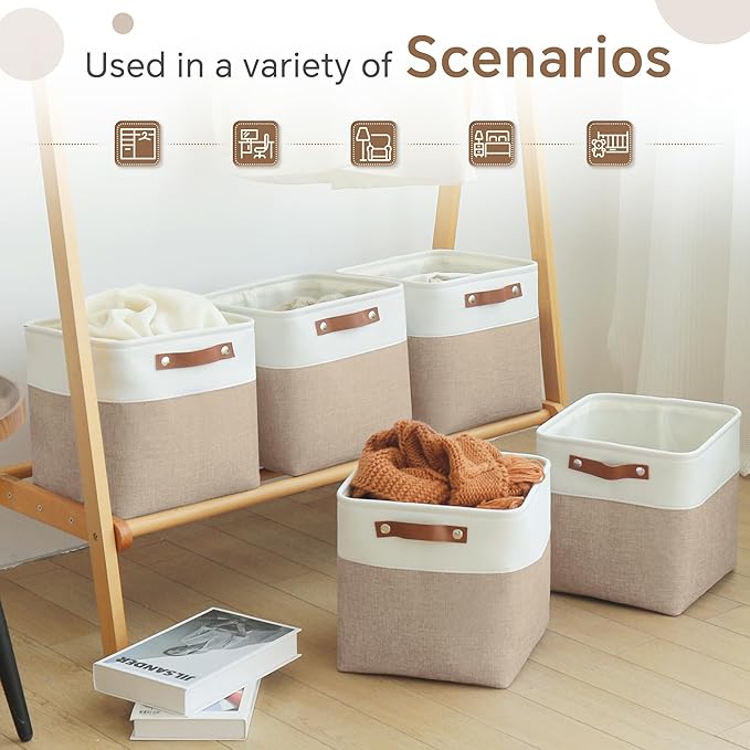 FinishingBo Cube Storage Baskets 6 Pack, 11x11 inch Cube Storage Bins with Leather Handles for Shelf Closet (White/ Khaki)