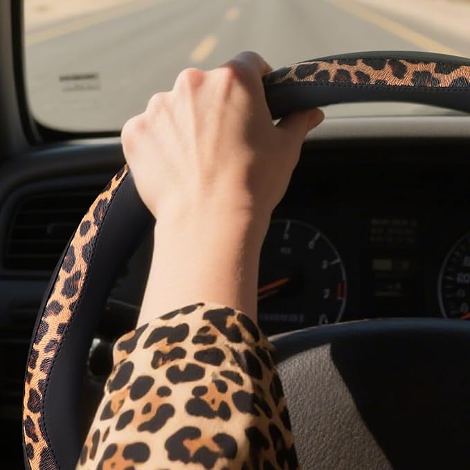 Leopard Steering Wheel Cover, Breathable Microfiber Leather Universal 14.5-15 inch for Most Automotive Steering Wheel Cheetah
