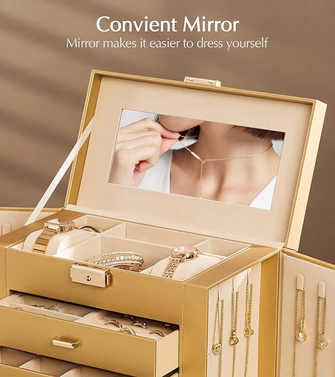 Homde Synthetic Leather Huge Jewelry Box Mirrored Watch Organizer Necklace Ring Earring Storage Lockable Gift Case (Gold)