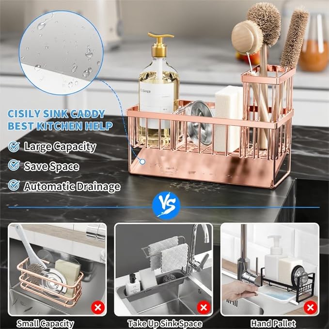 Cisily Sink Caddy Organzier with High Brush Holder, Sponge Holder for Sink, 304 Rustproof Stainless, Kitchen Countertop Soap 