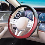 Wine Red Car Steering Wheel Cover, Nappa Leather, Bottom Color Blocking, Universal 14.5-15 Inch Leather Anti-Slip Breathable 
