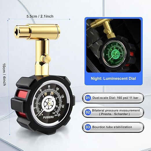 Bike Tire Pressure Gauge Presta and Schrader 160 PSI / 11 Bar, Road Bicycle Tire Air Pressure Gauge Luminous Dial, Suitable for Car, Motorcycle, Bike, SUV and Truck