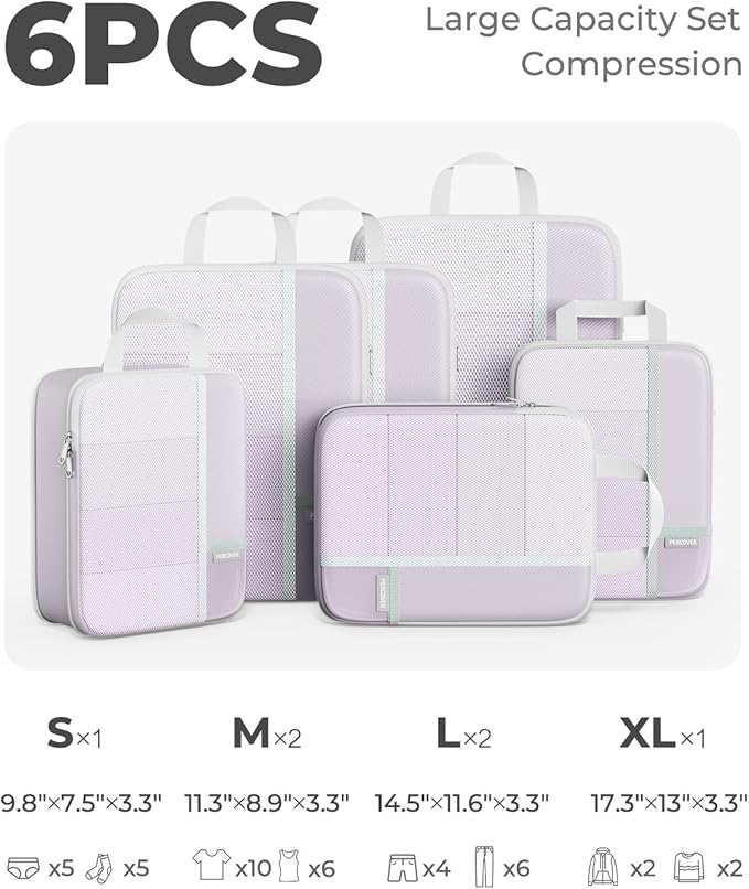 Percover Compression Packing Cubes 6-Piece Set, Packing Cubes Compression for Travel with Multi-Size Organization, Travel Org