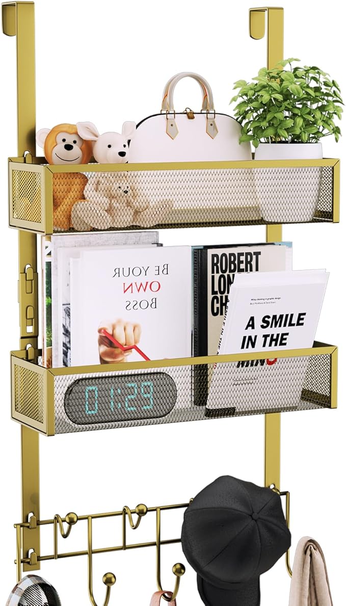 Consumest Over The Door Hooks Organizer - Extra Long Door Hanger with 9 Coat Hooks & 2 Mesh Basket, Back Storage Organizer Ha