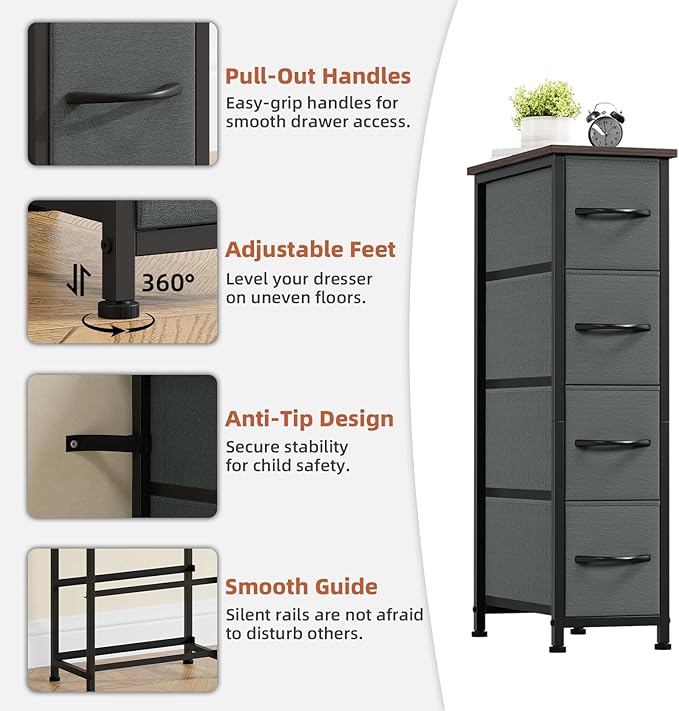 Somdot Narrow Dresser with 4 Drawers, Slim Storage Organizer Chest of Drawers with Removable Fabric Drawers for Small Spaces 