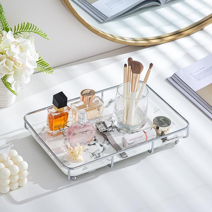 Dobbyby Vanity Tray Makeup Organizer Cosmetics Storage Bathroom Skincare Organizer Countertop Display Rack in Dresser Stainle
