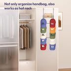 SWTYMIKI Over The Door Purse Organizer - Wall Mounted Handbag Organizer with 10 Hooks and Metal Basket, Hanging Purse Storage