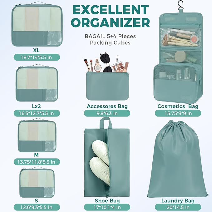 BAGAIL 9 Set Packing Cubes with Packing List Luggage Packing Organizers for Travel Accessories (Dusty Blue)