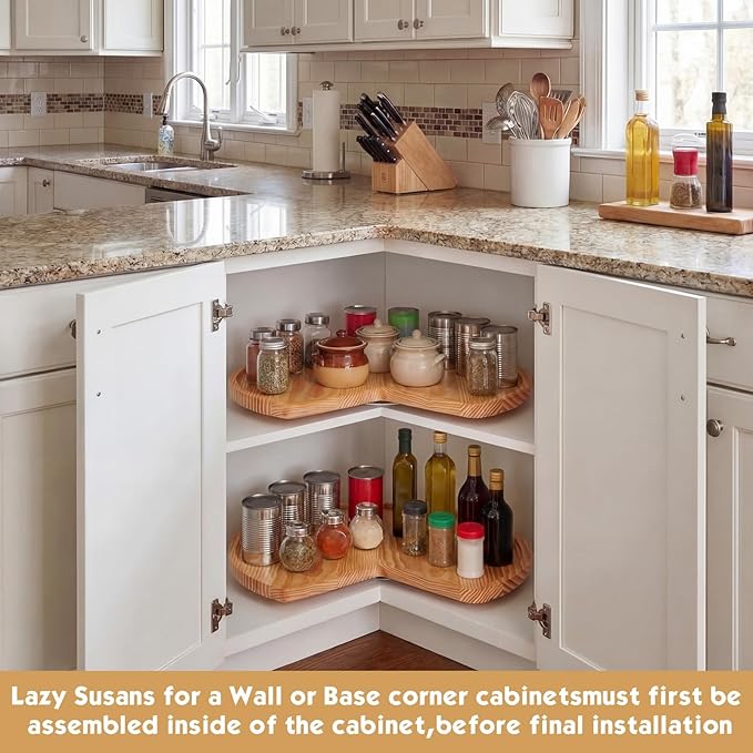 Leinuosen 2 Pcs 24in/28in Banded Pine Wood Full Kidney Shaped Lazy Susan for Corner Base Cabinets with Iron Swivel Bearing fo