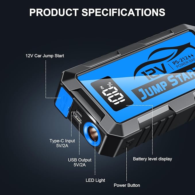8000A Car Jump Starter, 12V Jump Starter Battery Pack (All Gas,up to 10.0L Diesel Engine) Jumper Cables Portable Lithium