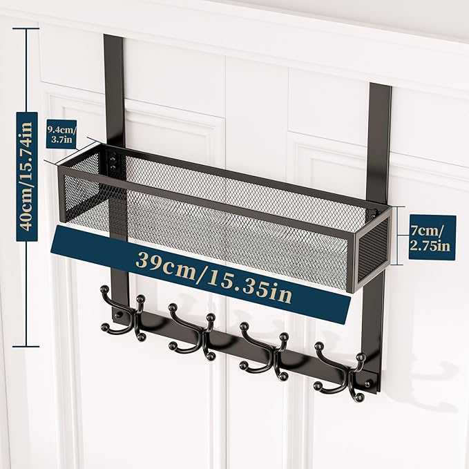 Consumest Over The Door Hooks Organizer - Over Door Hanger with 16 Hooks & 2 Baskets for Hanging Coat, Clothing, Towel, Back 