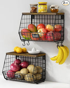 Goozii Hanging Wall Fruit Basket for Kitchen Counter 2 Pack, Stackable Wire Baskets for Organizing with Wood Lid, Potato and 