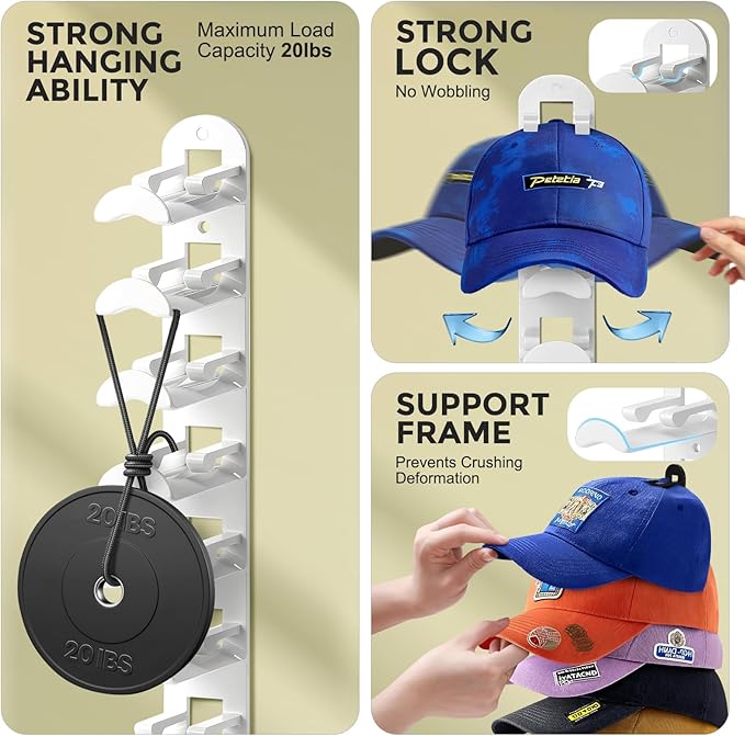 2 Pack Hat Organizer for Baseball Caps, Hat Rack for Wall Hold Up to 20 Hats, Hat Holder with Strong Adhesive and Screws, Hat