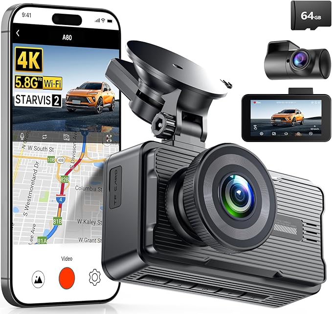 JOMISE 4K Dash Cam Front and Rear with 5Ghz WiFi GPS, Dual Dashcam with 64GB Card, 3" Screen, Night Vision, 24H Parking Mode 