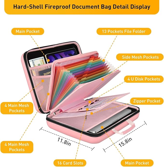 Fireproof Document Organizer Bag, 5200℉ File Organizer Safe Box, Hard Shell Document Bag with 13 Pocket Accordion File Folder