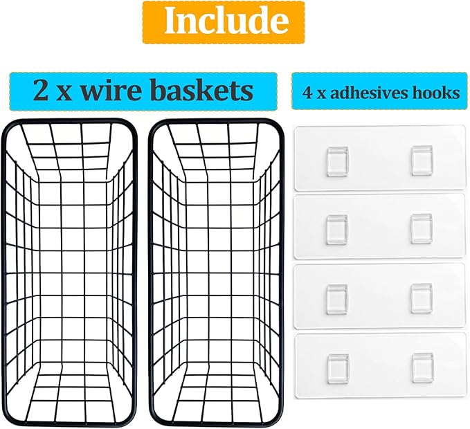 2 Set Adhesive Hanging Wall Basket Inside Cabinet Door Organizer,Wall Storage Basket-No Drilling Adhesive wall Basket for Cup