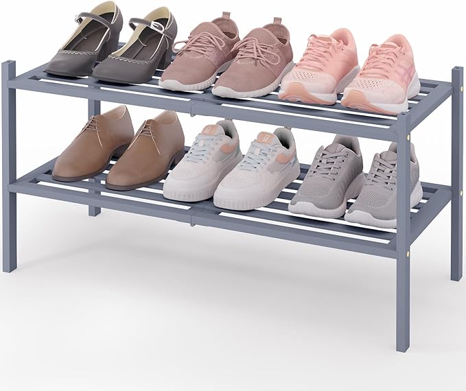 Smiry Bamboo Shoe Rack 2-Tier, Stackable Wooden Shoe Organizer for Entryway & Closet, Free Standing Wood Shoe Storage Shelf f