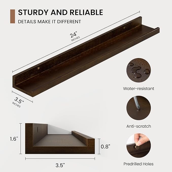 Picture Ledge Shelf, Solid Pine Wood Floating Shelves Set of 2, 24 Inches Nursery Book Shelves for Toys Storage, Kids Bookshe