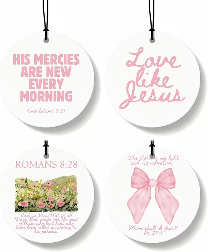 Pink Christian Car Air Freshener 4 Pcs, Coquette Pink Bow Bible Verse Religious Hanging Air Freshener for Cars Closet Drawer 