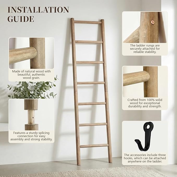 Wooden Blanket Ladder - 76in(7-Rung) Natural Wood Color- Leaning Wall Decor for Bedroom, Bathroom, Living Room - Rustic Quilt