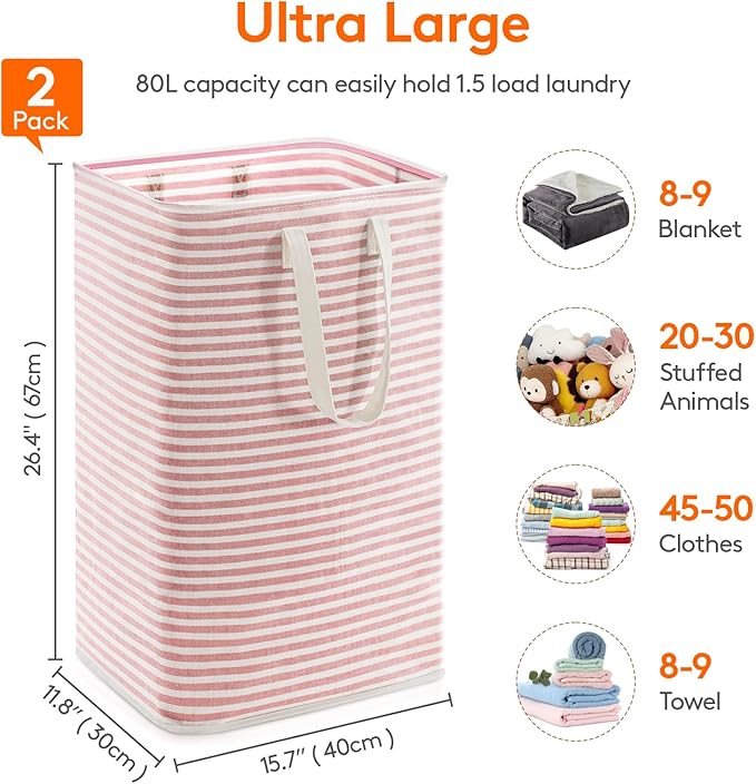 Lifewit 2 Pack Laundry Basket 80L Each, Collapsible Clothes Hamper with Reinforced Handles, Freestanding Waterproof Design fo