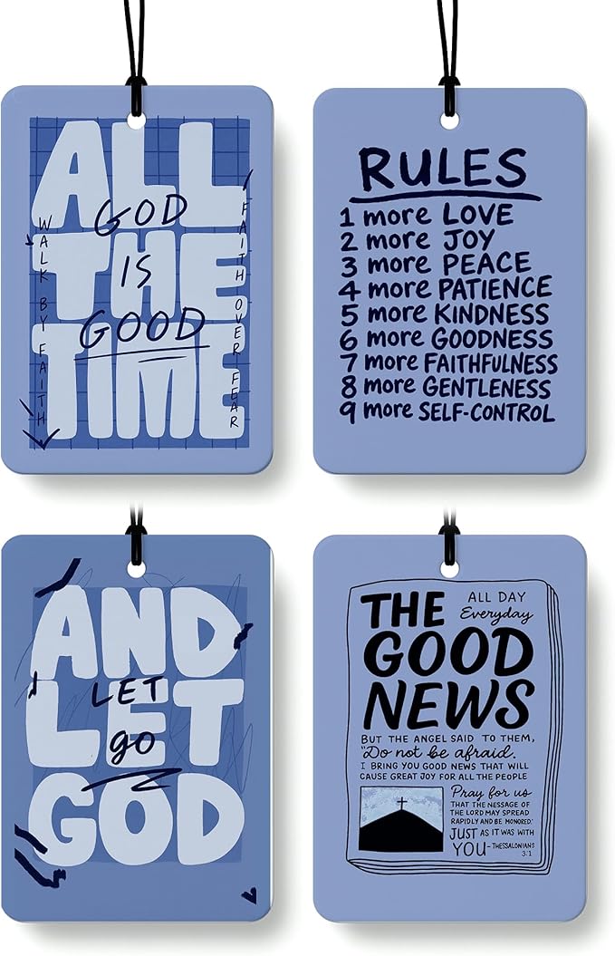 Retro Blue Christian Car Air Freshener 4 Pcs, Neutral Bible Verses Hanging Air Freshener for Cars Bathroom Dorm Books Decor, 