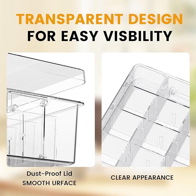 Socks Bra Underwear Drawer Organizer for Closet, 2 PCS Plastic Storage Box with 15 Removable Compartments and Lid, Clear Dres