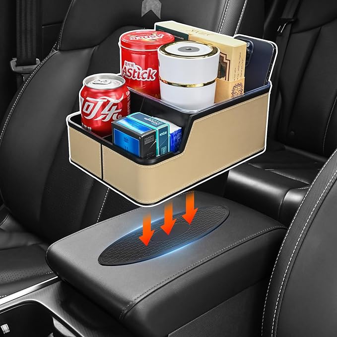 Car Organizer Between Back Seat,Car Armrest Storage Box with Compartment,Multifunctional Front Seat Organizer,Center Console Cup Holder Tray,Car Seat Organizer with Non-slip Mat(Beige)