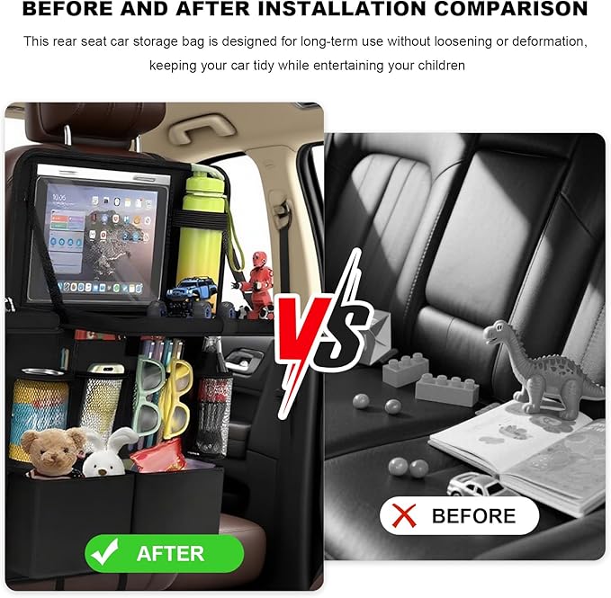 Car Backseat Organizer with Tray, Waterproof Back Seat Protector with Touch Screen Tablet Holder, 11 Storage Pockets Anti-Scratch Kick Mat Universal for Family Road Trips