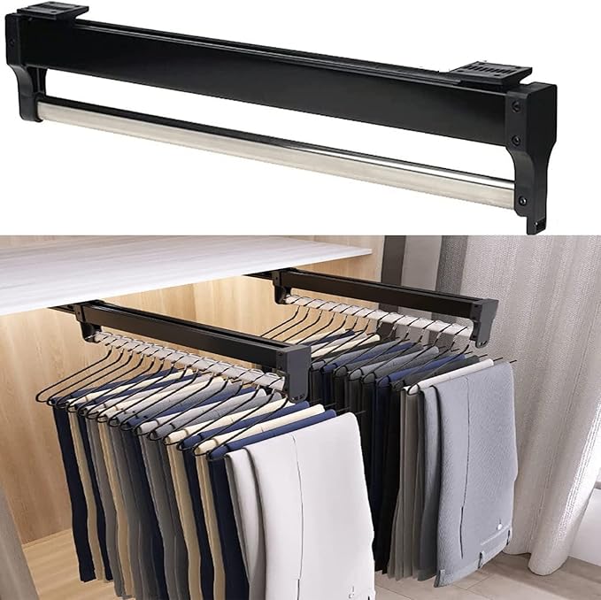 Pull Out Clothes Rail Extendable Pull Out Closet Rod - Wardrobe Pull-Out Trousers Rack, Metal Stainless Steel Extendable Ward