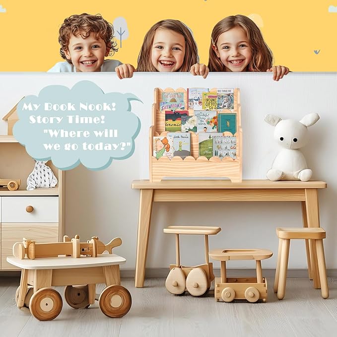Kids Bookshelf Storage 3-Tier, Book Case for Kids Rooms, Scalloped Wooden Montessori Bookcase for Toddlers & Baby, Small Nurs